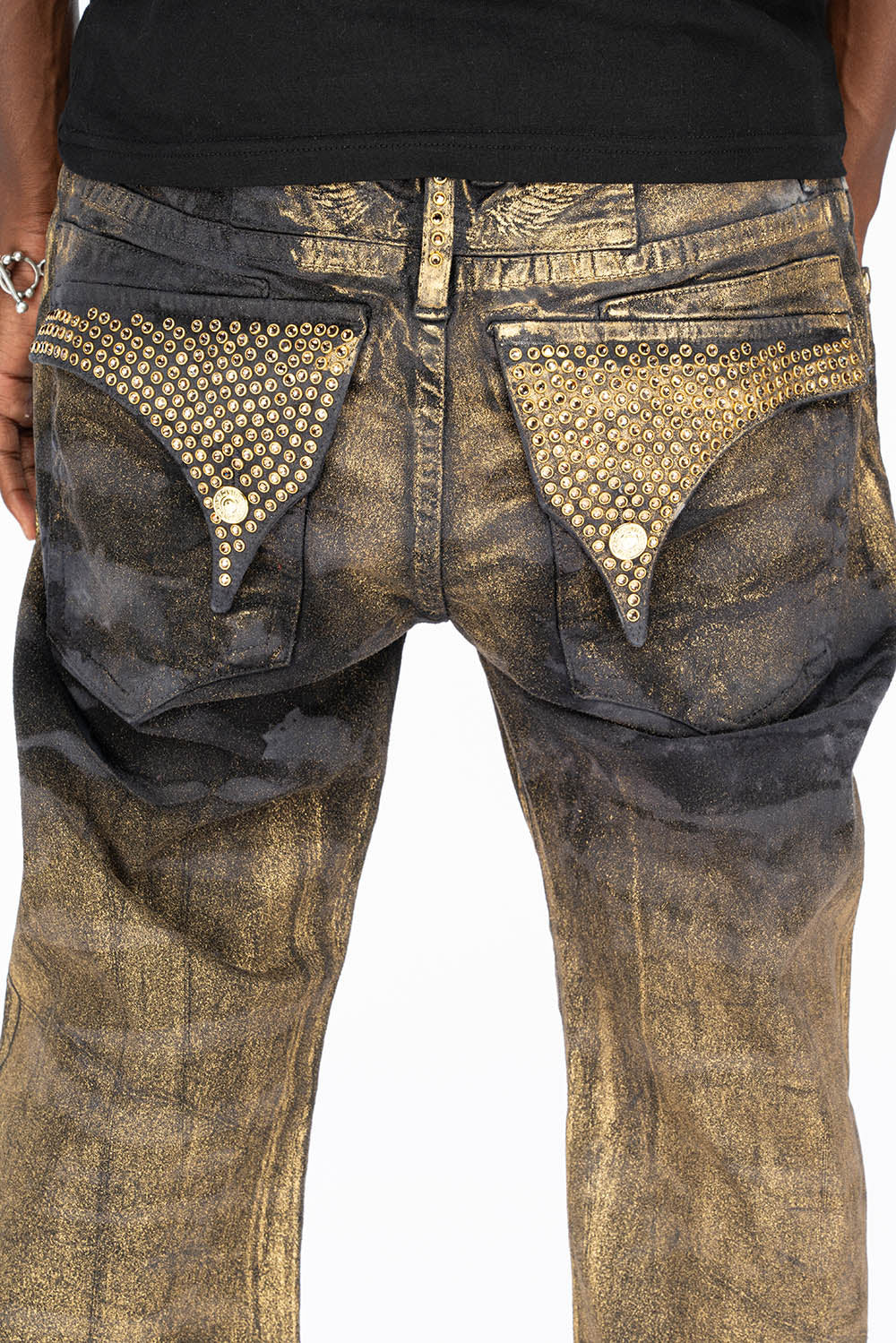 MENS LONG FLAP STRAIGHT CUT JEANS WITH SMOKY TOPAZ CRYSTALS IN AERO BLACK WASH - Image 5
