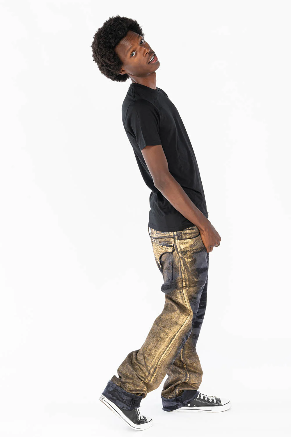 MENS LONG FLAP STRAIGHT CUT JEANS WITH SMOKY TOPAZ CRYSTALS IN AERO BLACK WASH - Image 7
