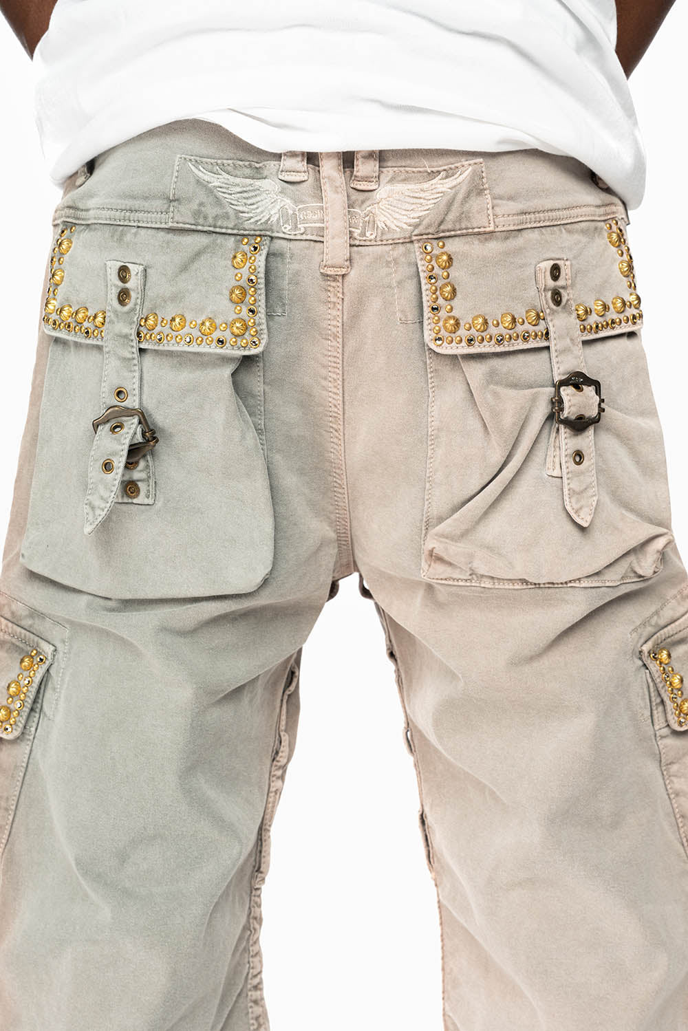 MEN'S MILITARY CARGO SHORTS WITH STUDS AND CRYSTALS IN CEMENT WASH - Image 3