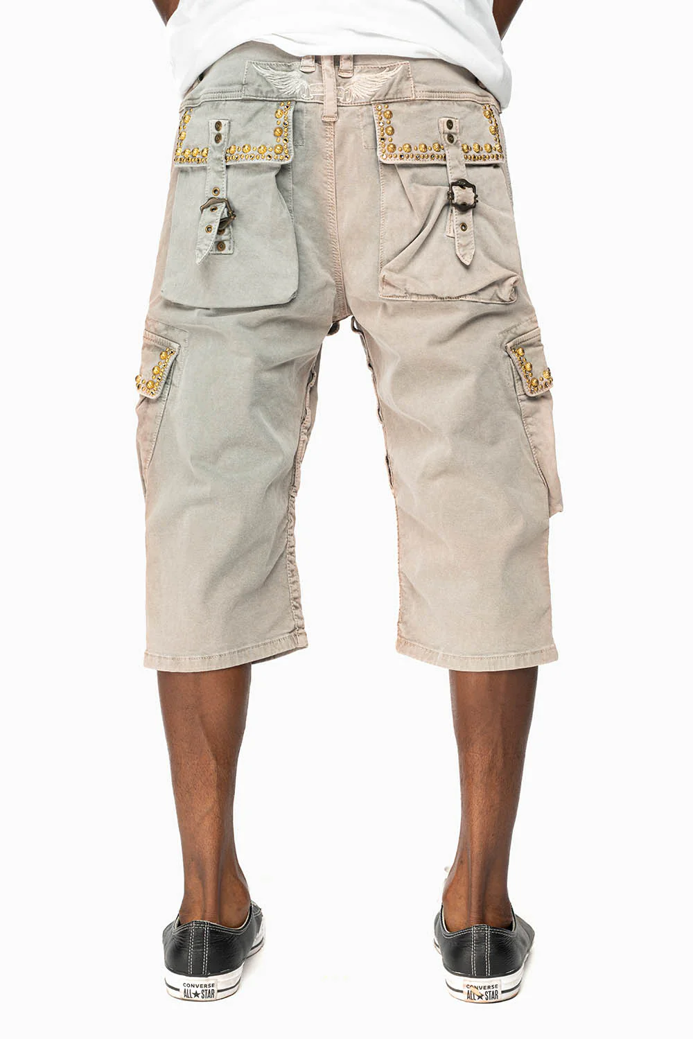 MEN'S MILITARY CARGO SHORTS WITH STUDS AND CRYSTALS IN CEMENT WASH - Image 4