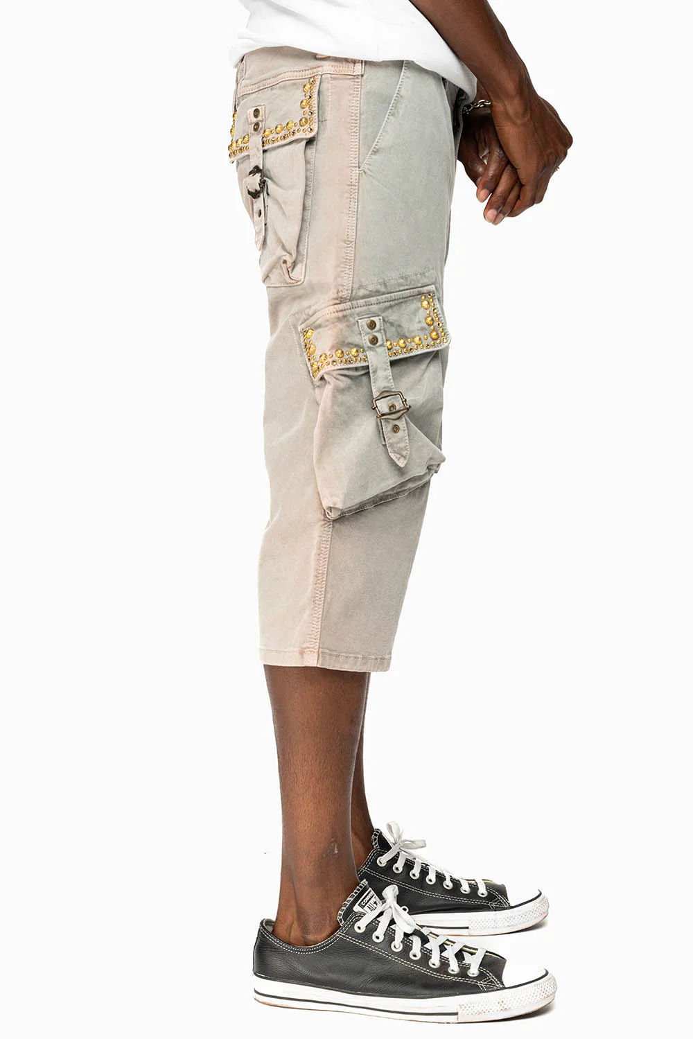 MEN'S MILITARY CARGO SHORTS WITH STUDS AND CRYSTALS IN CEMENT WASH - Image 5