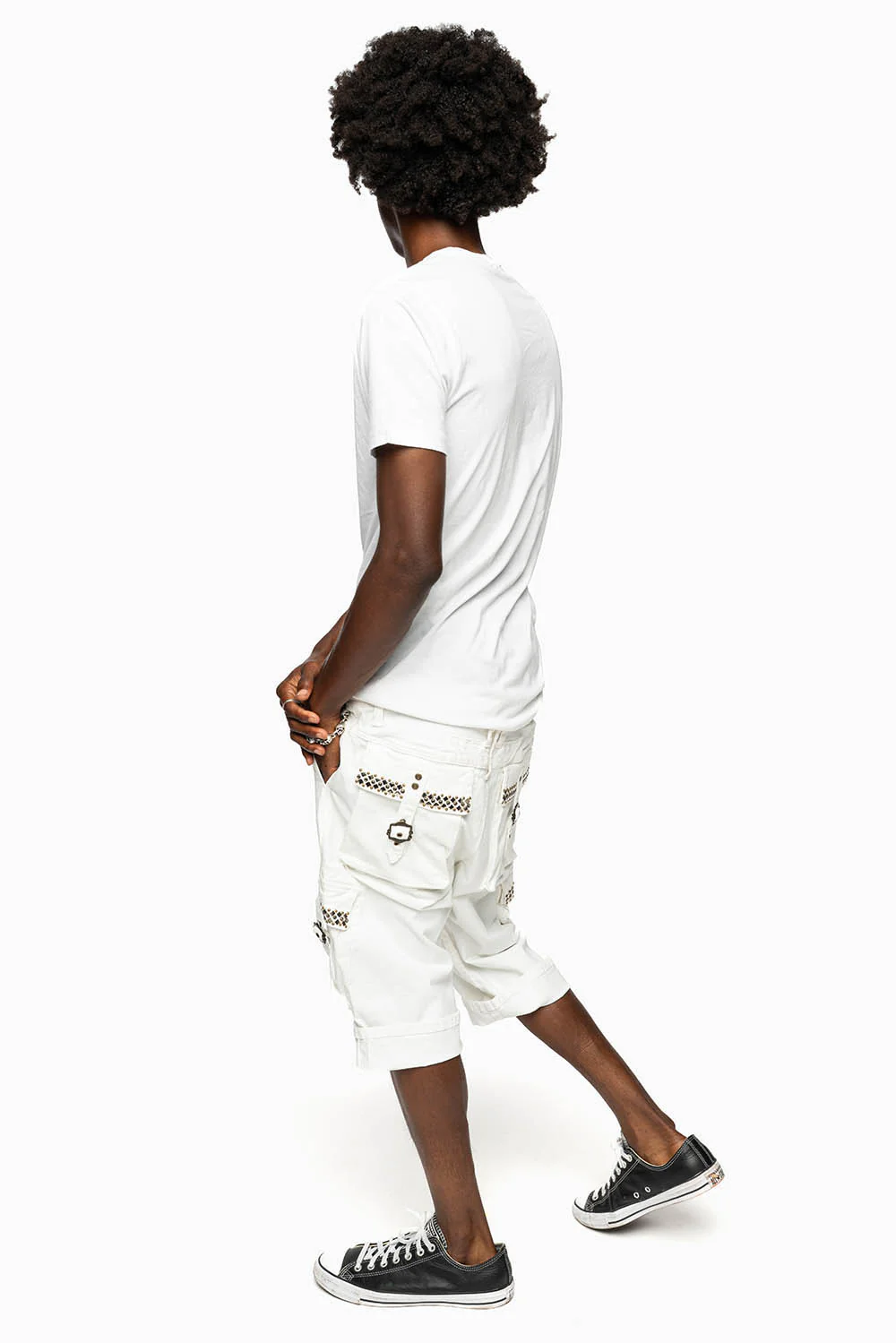 MENS MILITARY CARGO SHORTS IN WHITE WITH STUDS AND CRYSTALS - Image 3