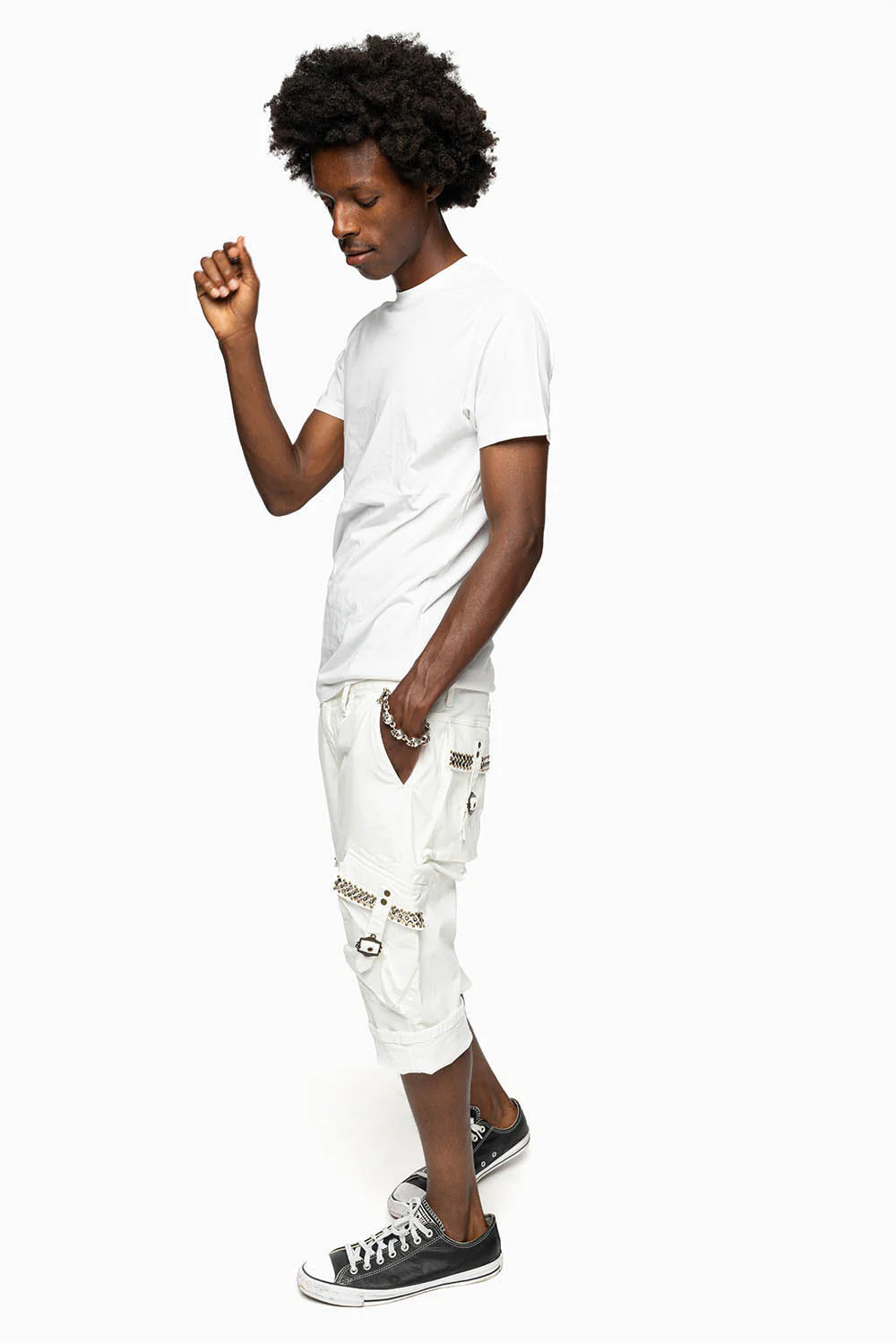 MENS MILITARY CARGO SHORTS IN WHITE WITH STUDS AND CRYSTALS - Image 4
