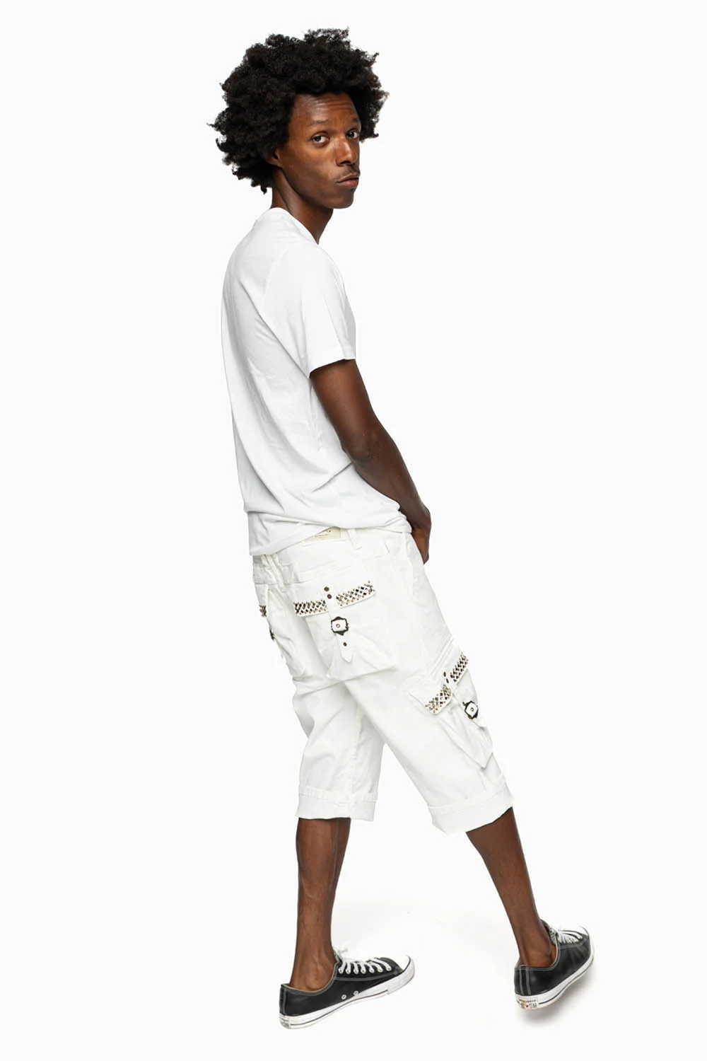 MENS MILITARY CARGO SHORTS IN WHITE WITH STUDS AND CRYSTALS - Image 5
