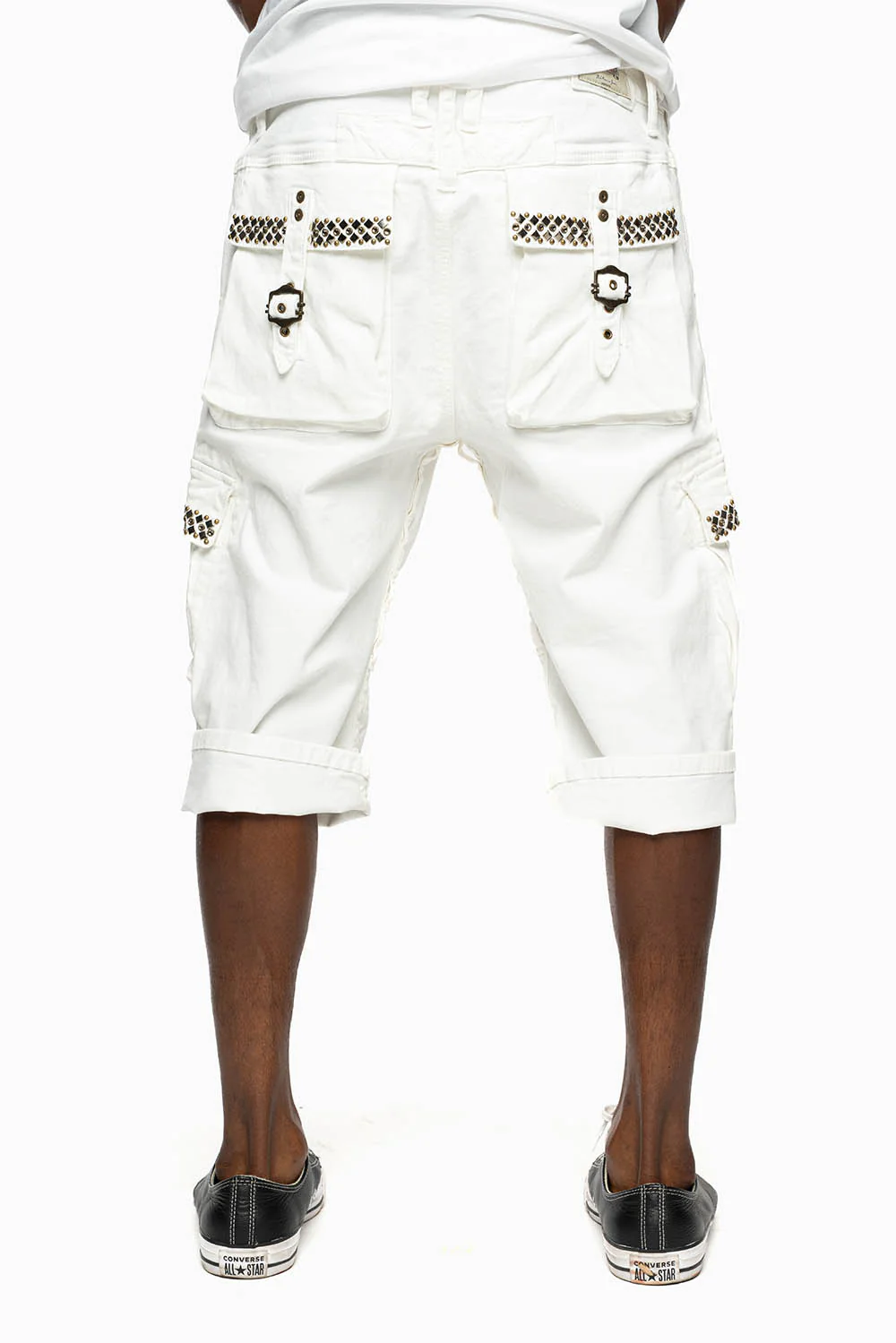 MENS MILITARY CARGO SHORTS IN WHITE WITH STUDS AND CRYSTALS - Image 7