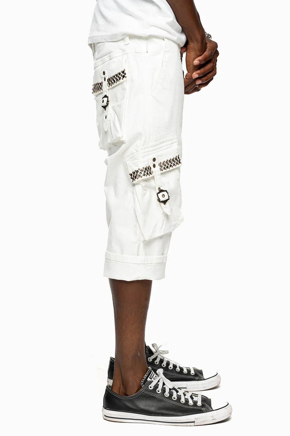 MENS MILITARY CARGO SHORTS IN WHITE WITH STUDS AND CRYSTALS - Image 8