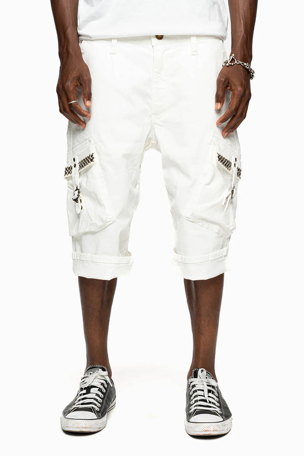 MENS MILITARY CARGO SHORTS IN WHITE WITH STUDS AND CRYSTALS - Image 9