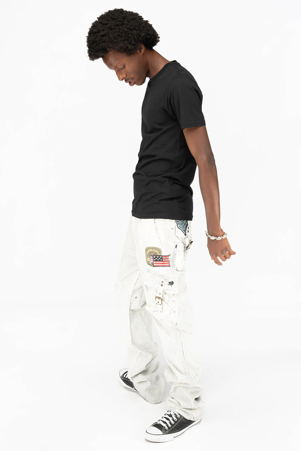 MENS MILITARY STYLE CARGO PANTS IN CRACKLE WHITE DYE WITH PATCH - Image 5