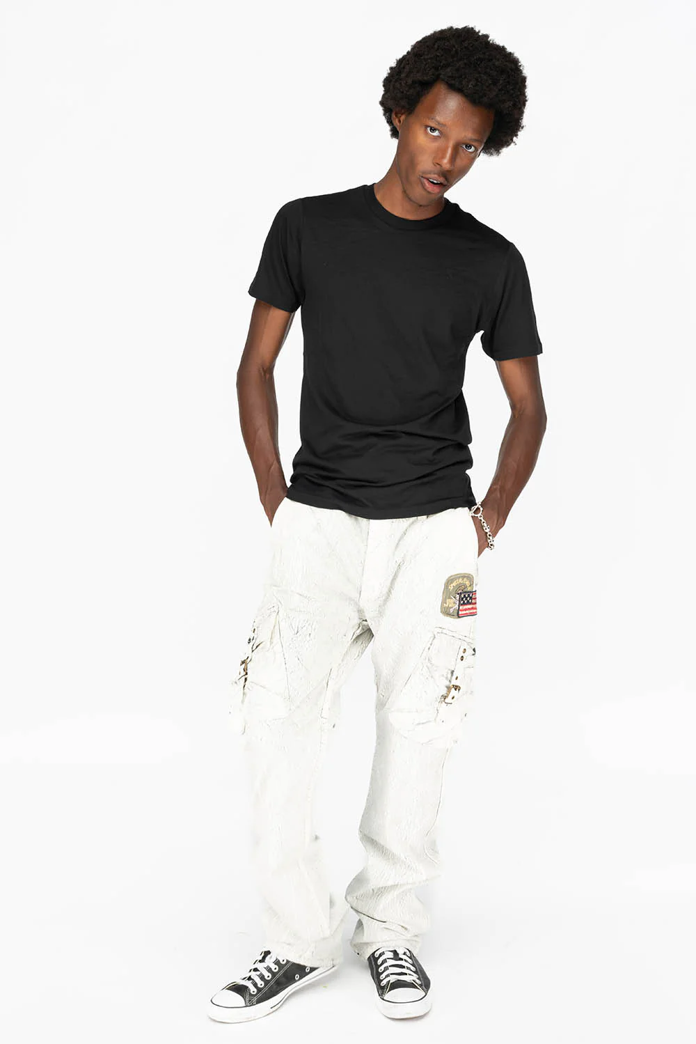 MENS MILITARY STYLE CARGO PANTS IN CRACKLE WHITE DYE WITH PATCH - Image 7