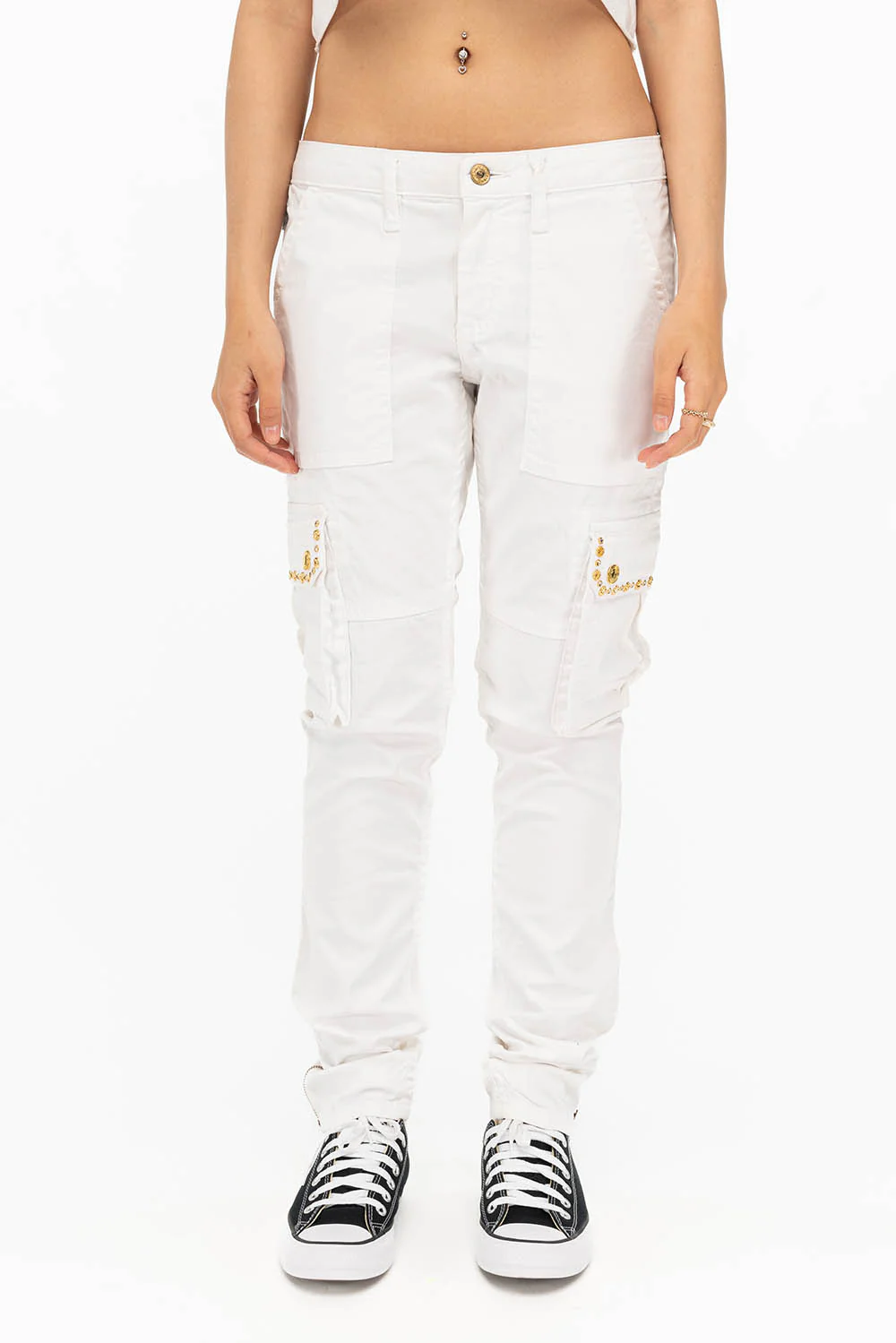 NEW MILITARY STYLE WOMENS SKINNY EMBELLISHED CARGO PANTS IN WHITE - Image 2