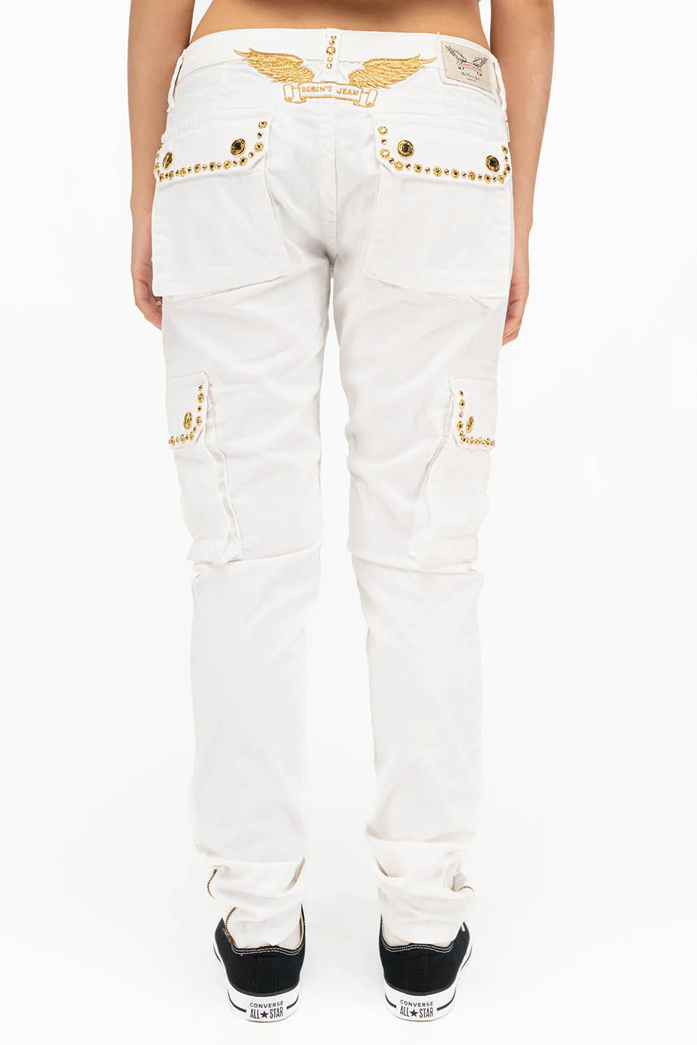 NEW MILITARY STYLE WOMENS SKINNY EMBELLISHED CARGO PANTS IN WHITE - Image 3
