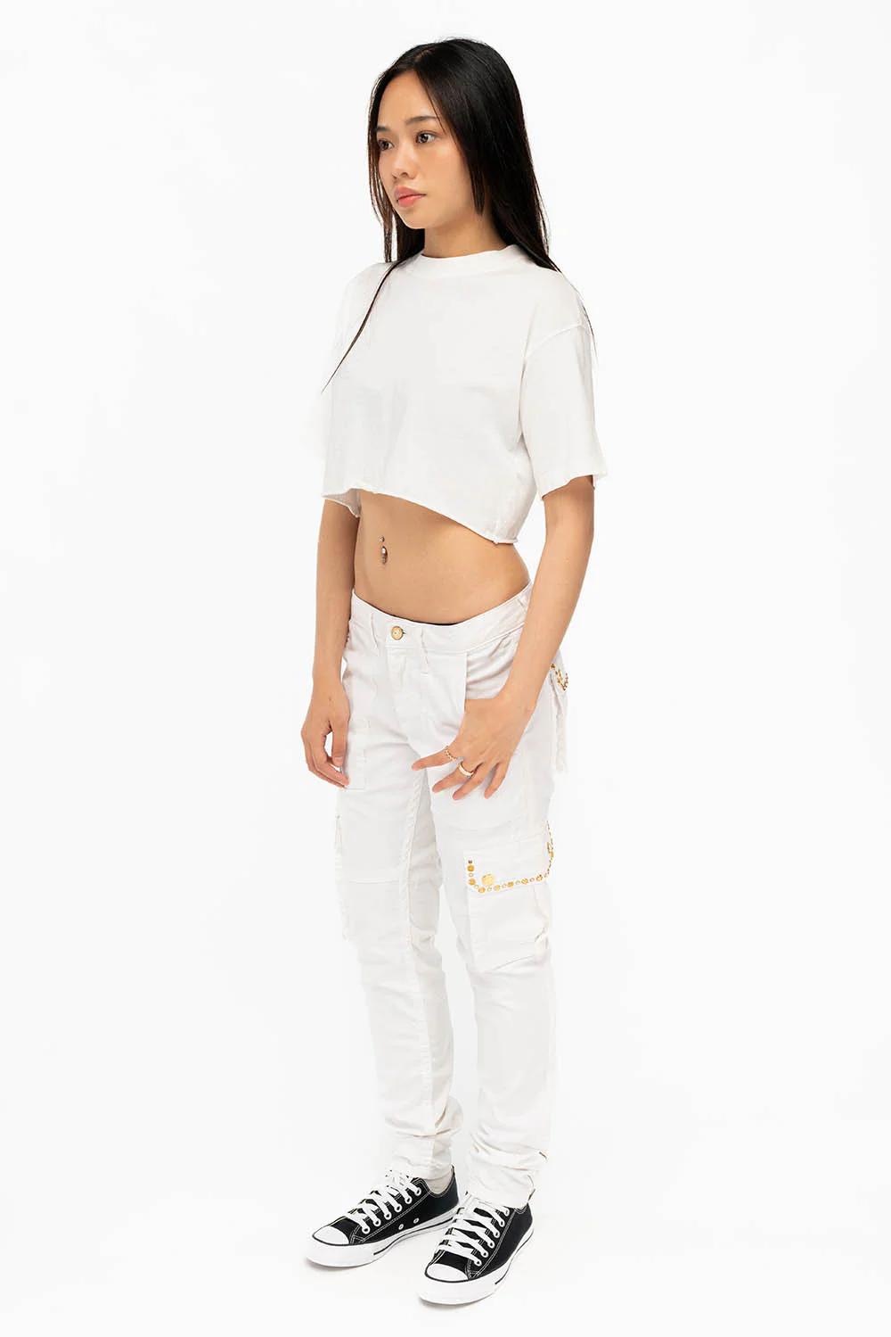 NEW MILITARY STYLE WOMENS SKINNY EMBELLISHED CARGO PANTS IN WHITE - Image 4