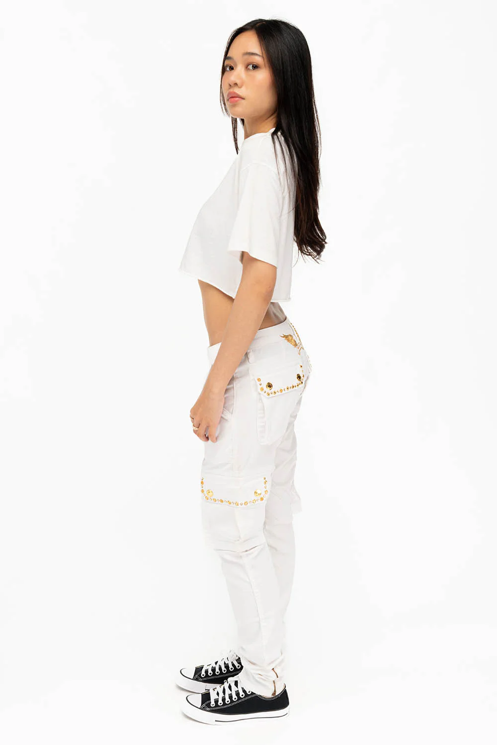 NEW MILITARY STYLE WOMENS SKINNY EMBELLISHED CARGO PANTS IN WHITE - Image 5