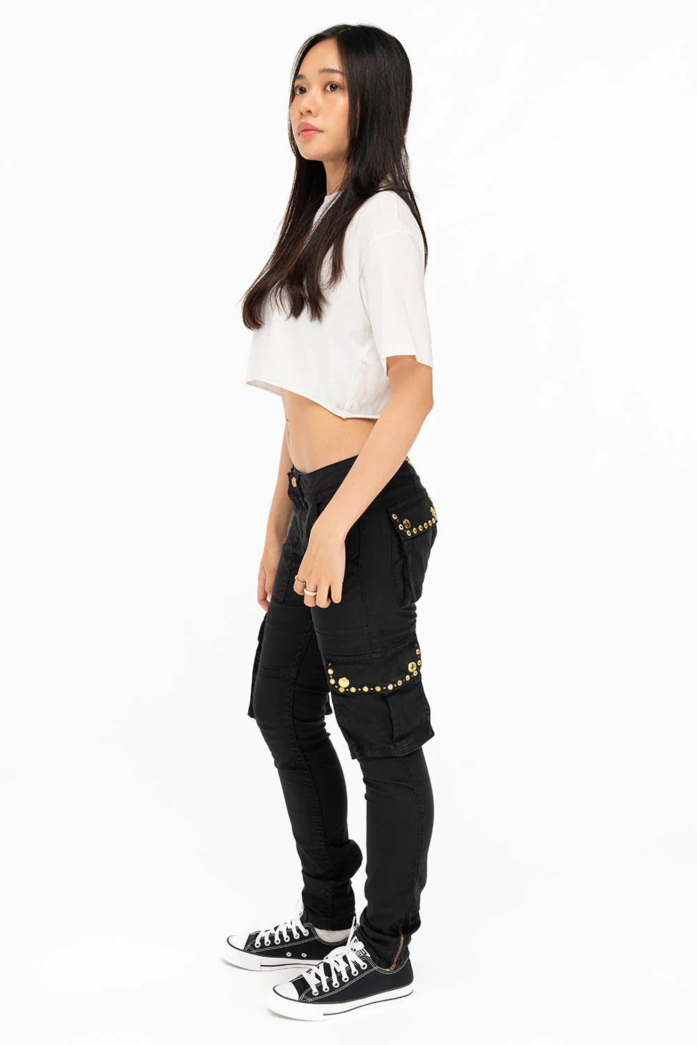 NEW MILITARY STYLE WOMENS SKINNY EMBELLISHED CARGO PANTS IN BLACK - Image 2