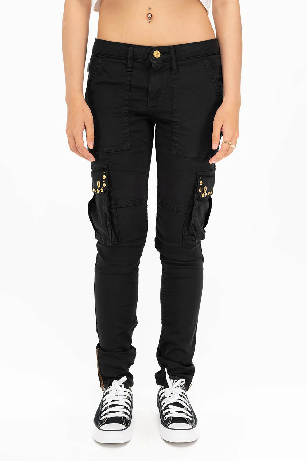 NEW MILITARY STYLE WOMENS SKINNY EMBELLISHED CARGO PANTS IN BLACK - Image 3