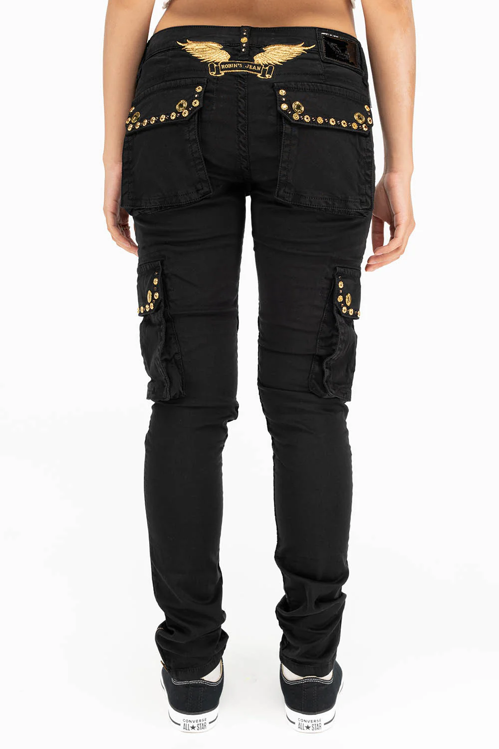 NEW MILITARY STYLE WOMENS SKINNY EMBELLISHED CARGO PANTS IN BLACK - Image 4
