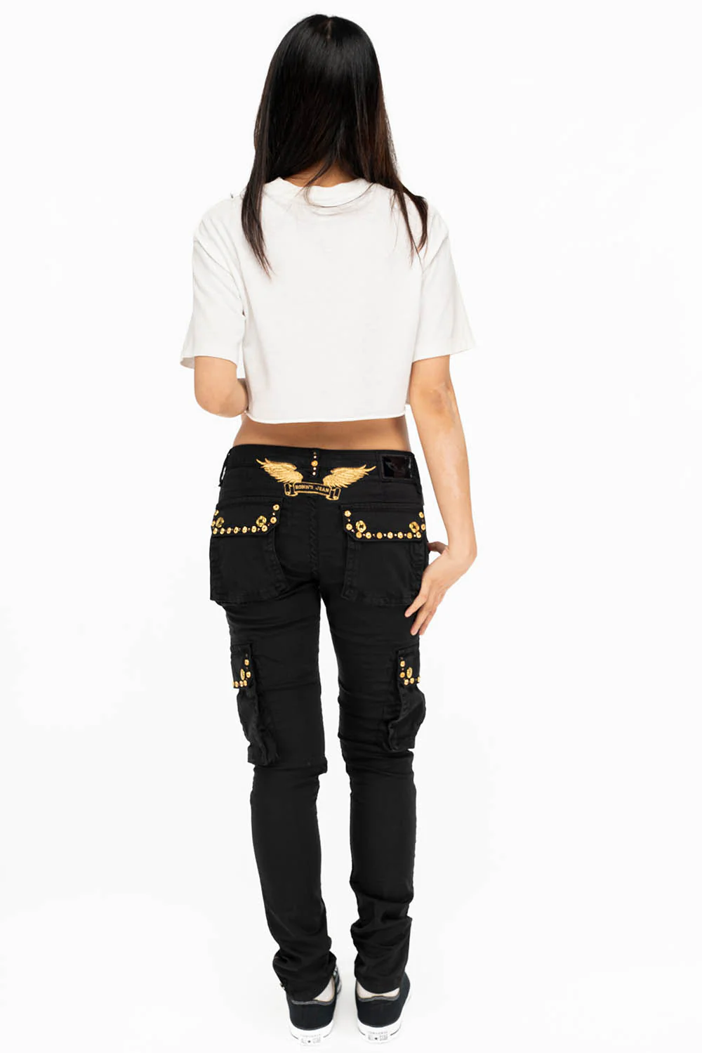 NEW MILITARY STYLE WOMENS SKINNY EMBELLISHED CARGO PANTS IN BLACK - Image 5