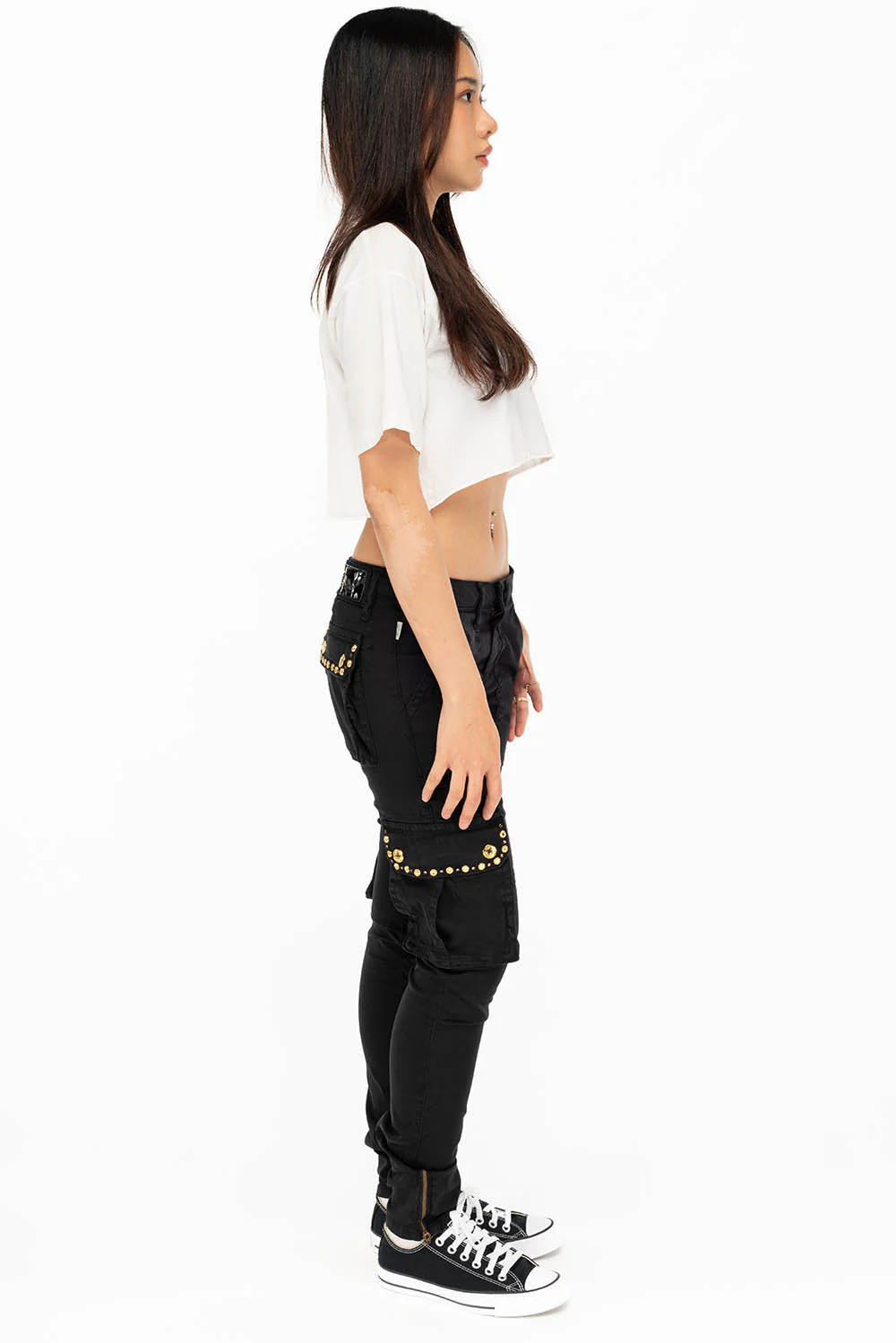 NEW MILITARY STYLE WOMENS SKINNY EMBELLISHED CARGO PANTS IN BLACK - Image 6