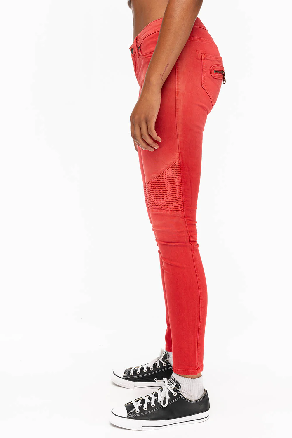 ROBIN'S WOMENS SKINNY BIKER JEANS MOTO IN SULFUR RED - Image 3