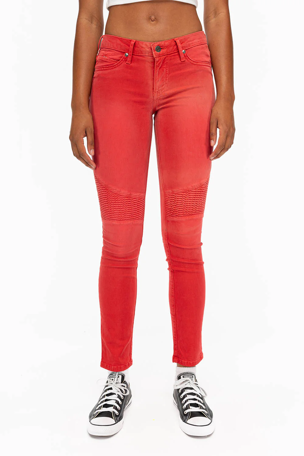 ROBIN'S WOMENS SKINNY BIKER JEANS MOTO IN SULFUR RED - Image 4