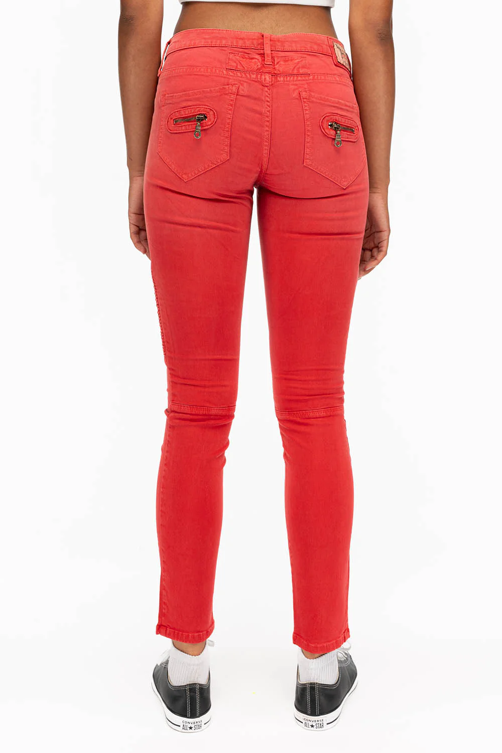 ROBIN'S WOMENS SKINNY BIKER JEANS MOTO IN SULFUR RED - Image 5