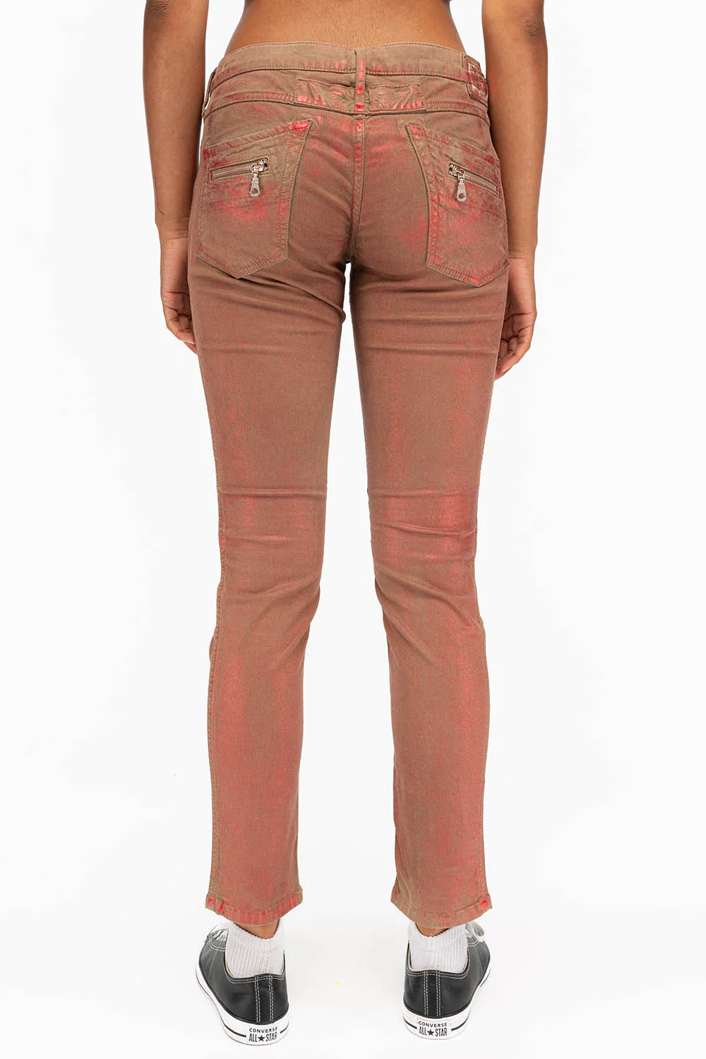 ROBIN'S BIKER WOMENS JEANS IN KHAKI RED FOIL - Image 2
