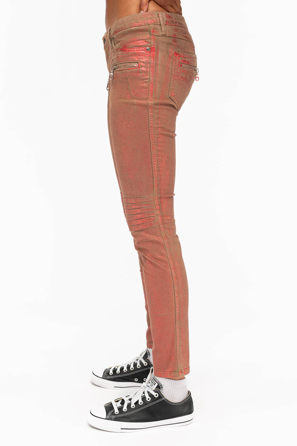 ROBIN'S BIKER WOMENS JEANS IN KHAKI RED FOIL - Image 3