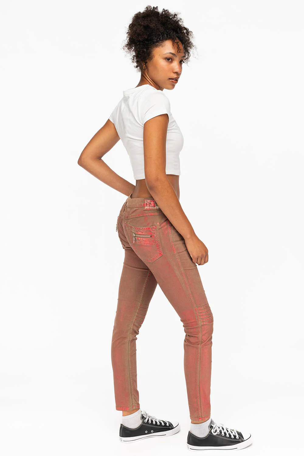 ROBIN'S BIKER WOMENS JEANS IN KHAKI RED FOIL - Image 4