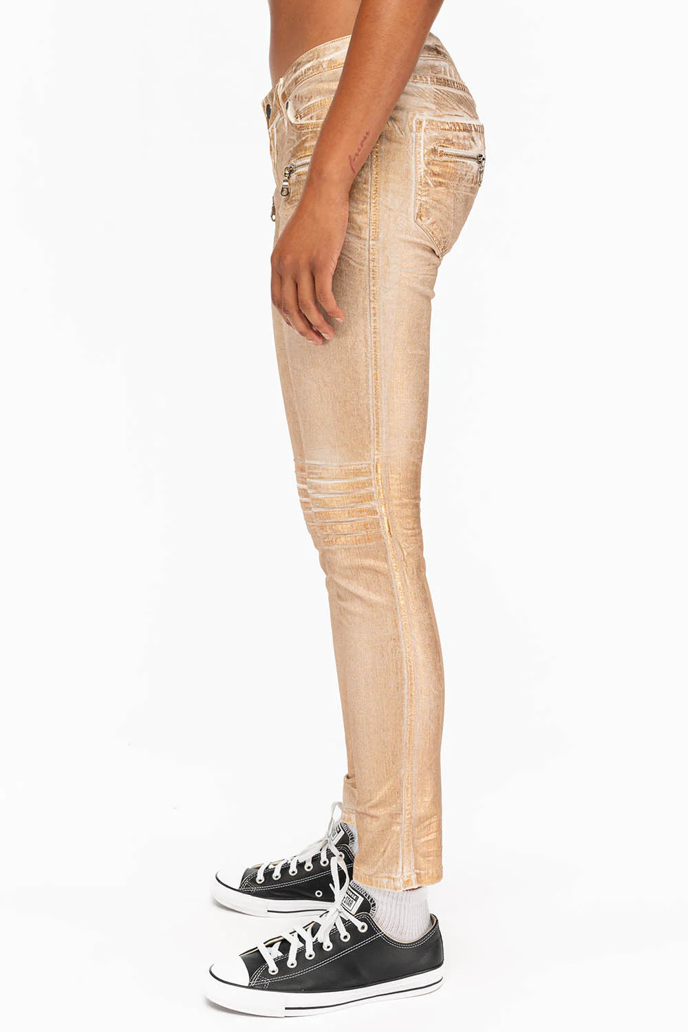 ROBIN'S BIKER WOMENS JEANS IN WHITE GOLD STRIPE FOIL - Image 2