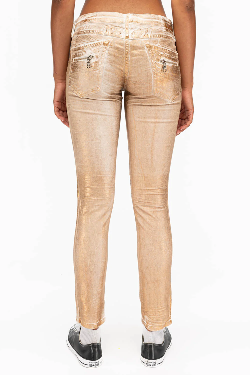 ROBIN'S BIKER WOMENS JEANS IN WHITE GOLD STRIPE FOIL - Image 3