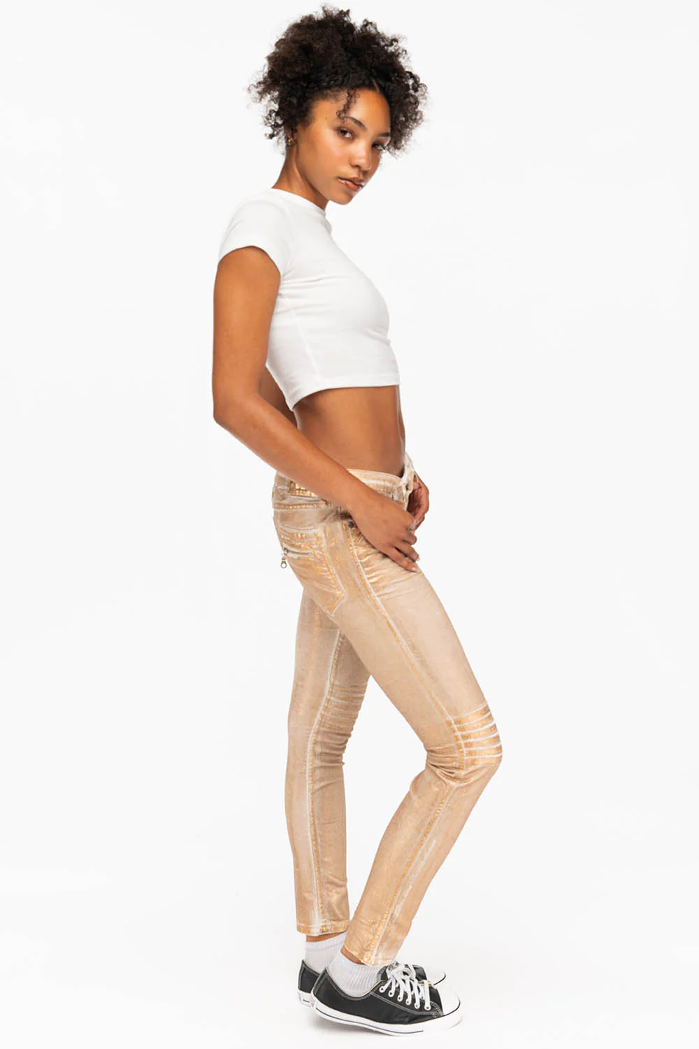 ROBIN'S BIKER WOMENS JEANS IN WHITE GOLD STRIPE FOIL - Image 4