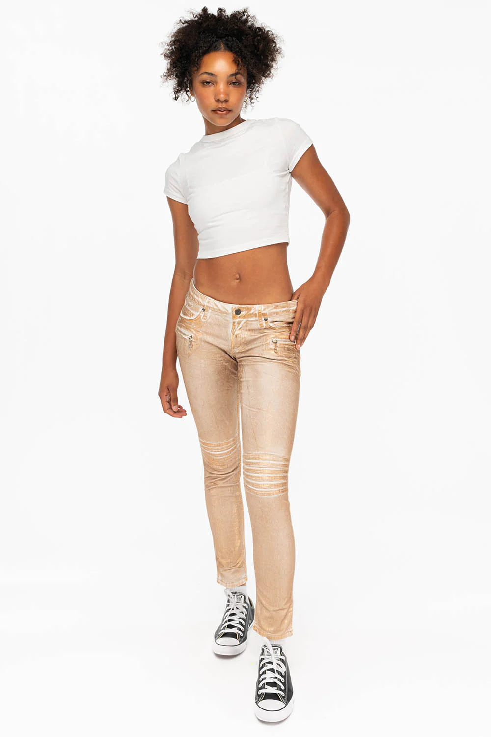 ROBIN'S BIKER WOMENS JEANS IN WHITE GOLD STRIPE FOIL - Image 6