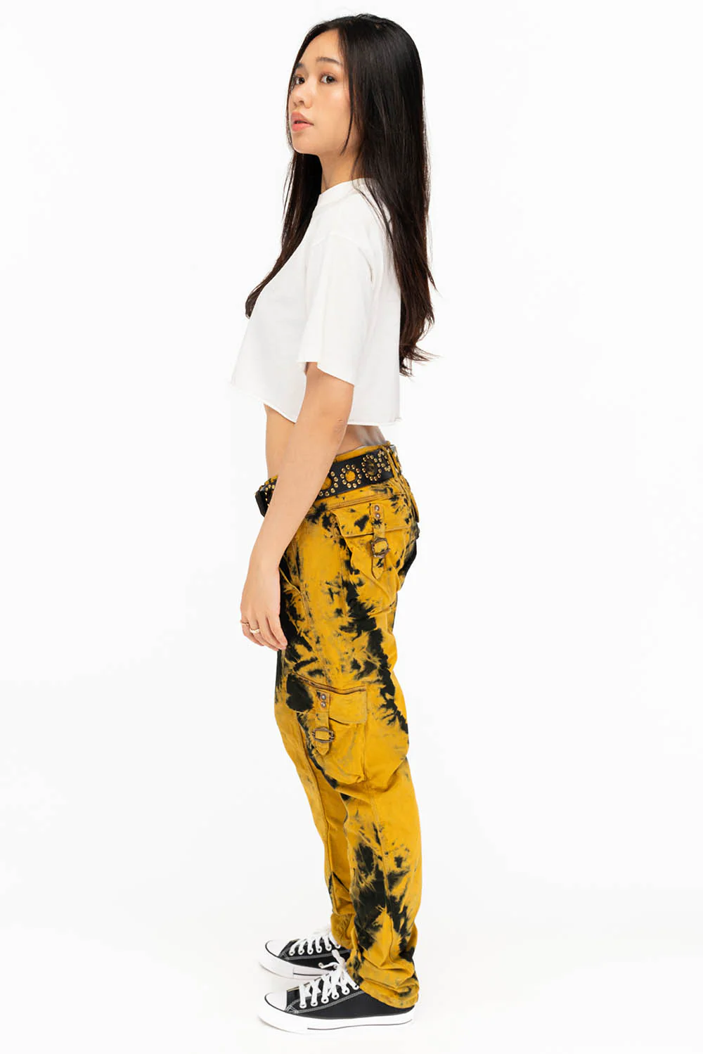 MILITARY STYLE WOMENS CARGO PANTS IN TIE DYE YELLOW - Image 3