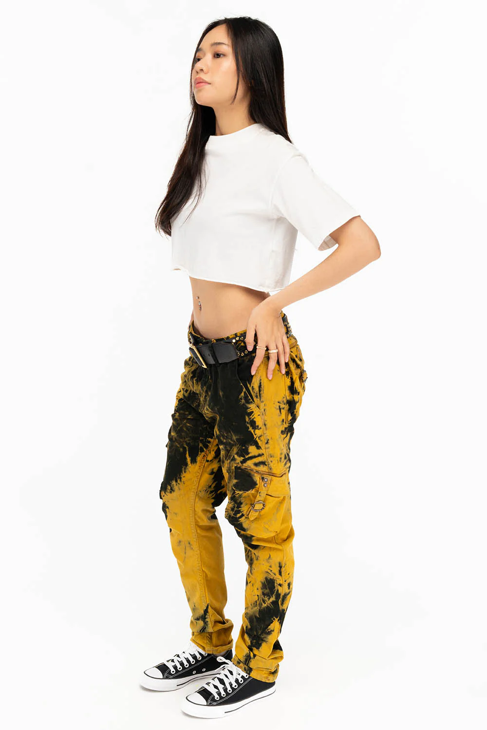 MILITARY STYLE WOMENS CARGO PANTS IN TIE DYE YELLOW - Image 4