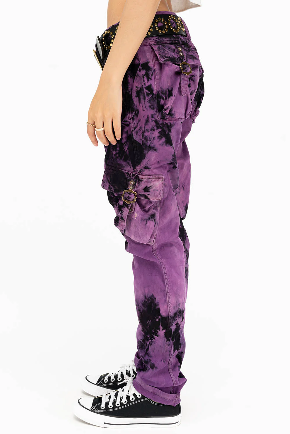 MILITARY STYLE WOMENS CARGO PANTS IN TIE DYE PURPLE - Image 3