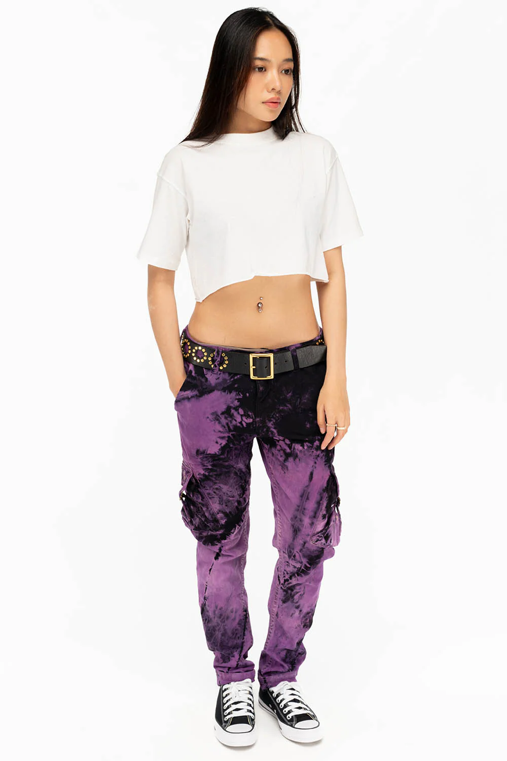 MILITARY STYLE WOMENS CARGO PANTS IN TIE DYE PURPLE - Image 5