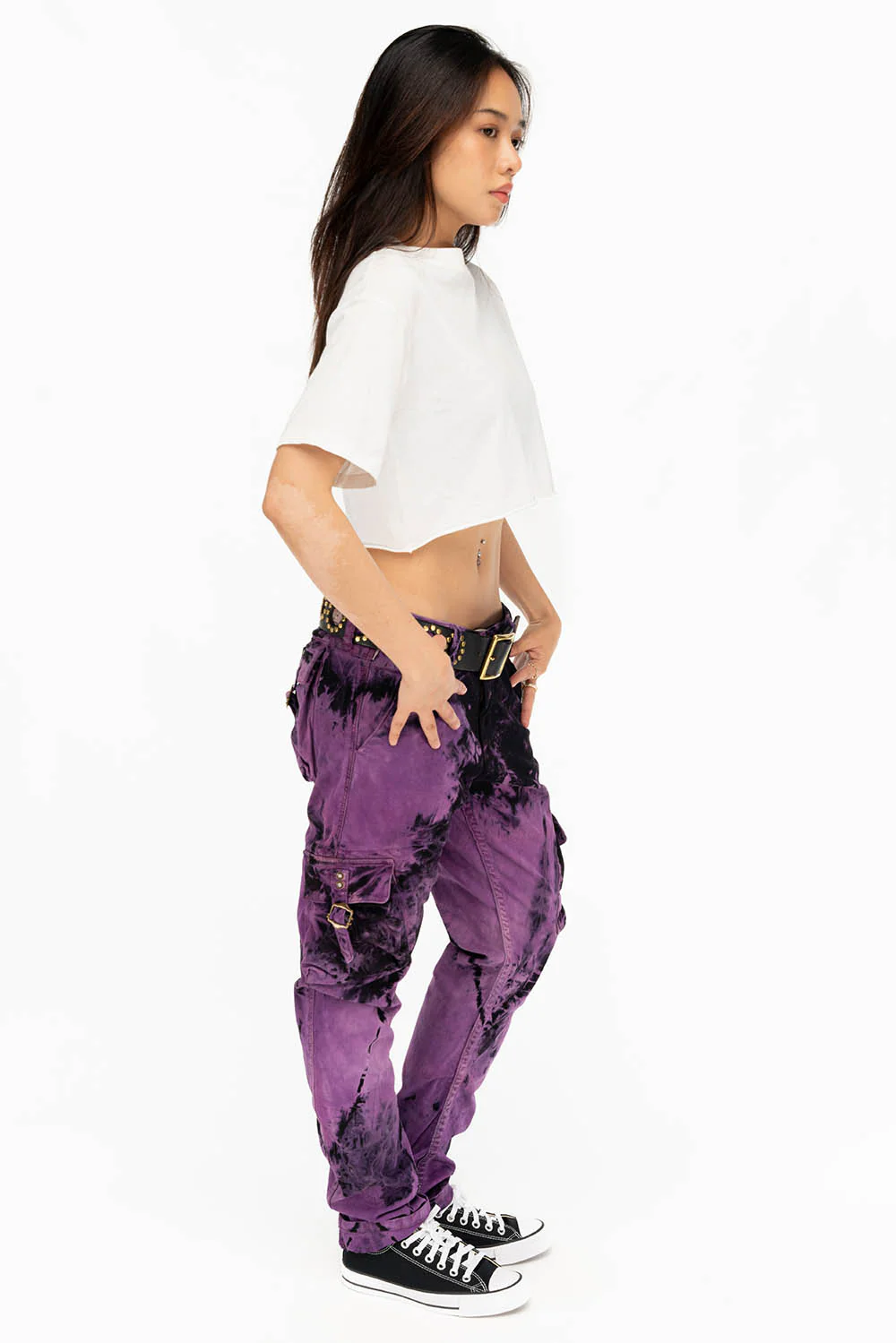 MILITARY STYLE WOMENS CARGO PANTS IN TIE DYE PURPLE - Image 6
