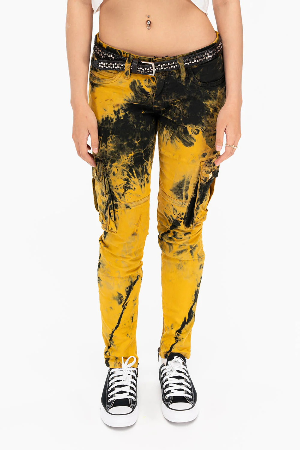 ZIPPER-MILITARY STYLE WOMENS CARGO PANTS IN TIE DYE YELLOW - Image 2