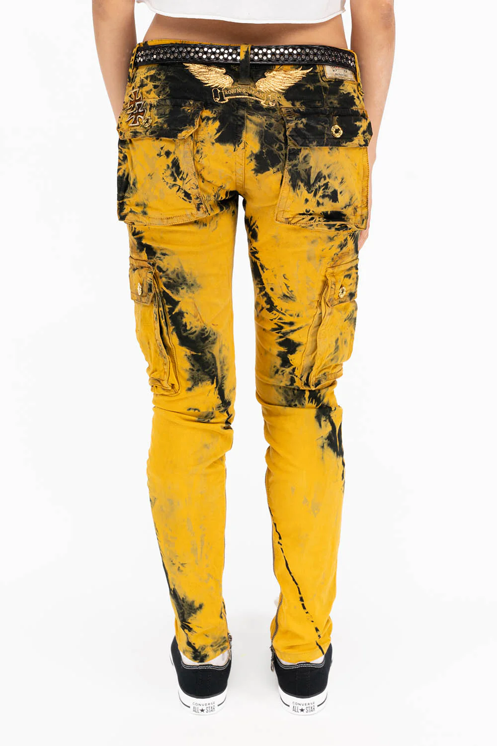 ZIPPER-MILITARY STYLE WOMENS CARGO PANTS IN TIE DYE YELLOW - Image 3