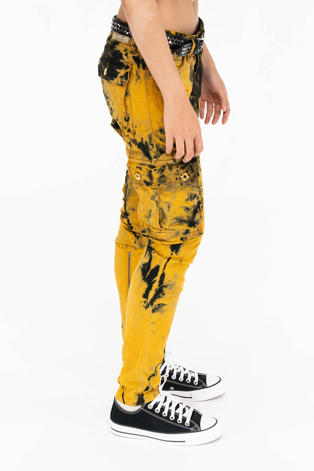 ZIPPER-MILITARY STYLE WOMENS CARGO PANTS IN TIE DYE YELLOW - Image 4