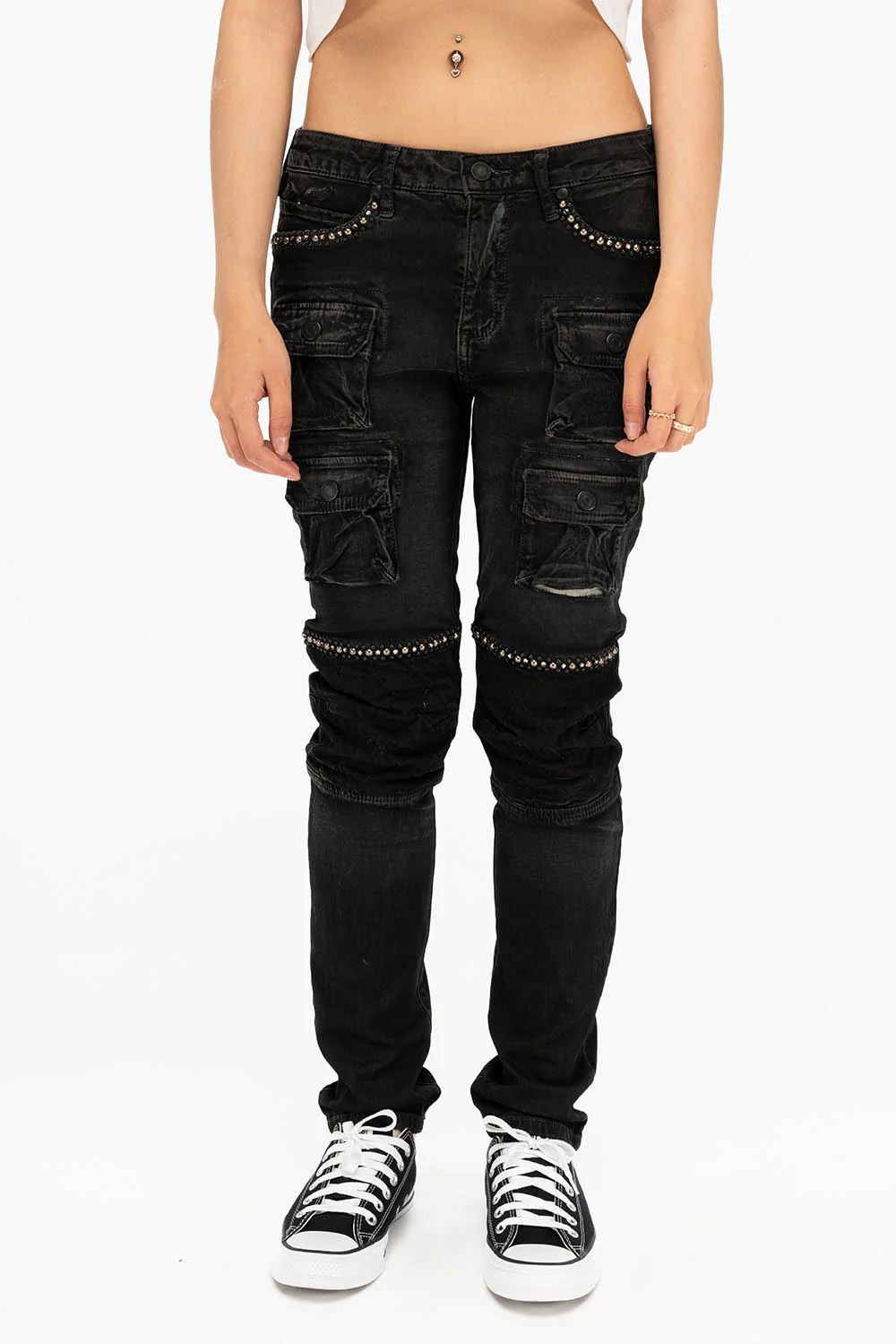 ROBIN'S WOMEN'S SKINNY UTILITARIAN JEANS IN LA BLACK WITH STUDS AND CRYSTALS - Image 2