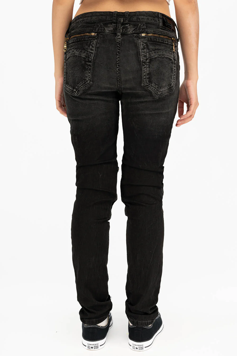 ROBIN'S WOMEN'S SKINNY UTILITARIAN JEANS IN LA BLACK WITH STUDS AND CRYSTALS - Image 3