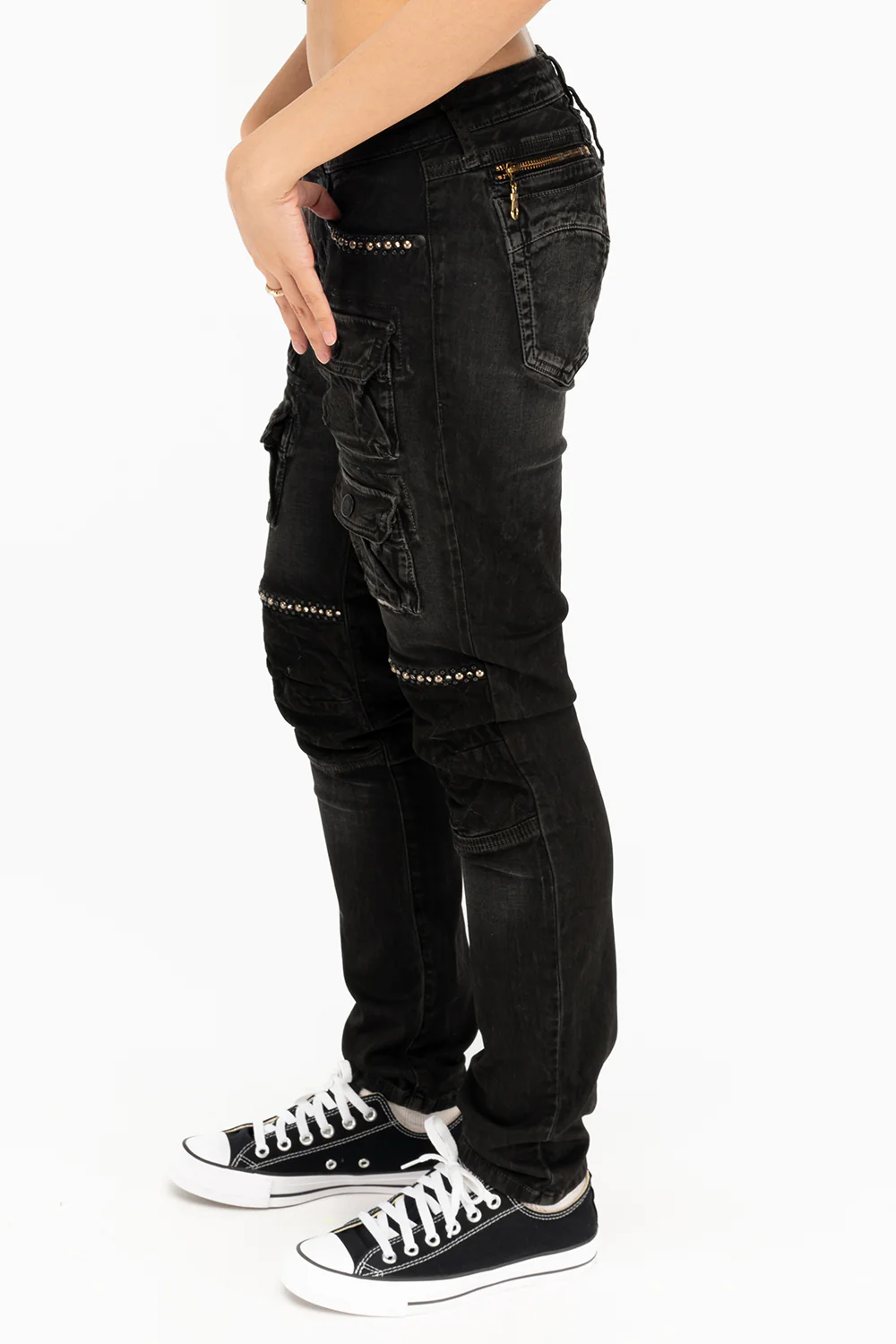 ROBIN'S WOMEN'S SKINNY UTILITARIAN JEANS IN LA BLACK WITH STUDS AND CRYSTALS - Image 4