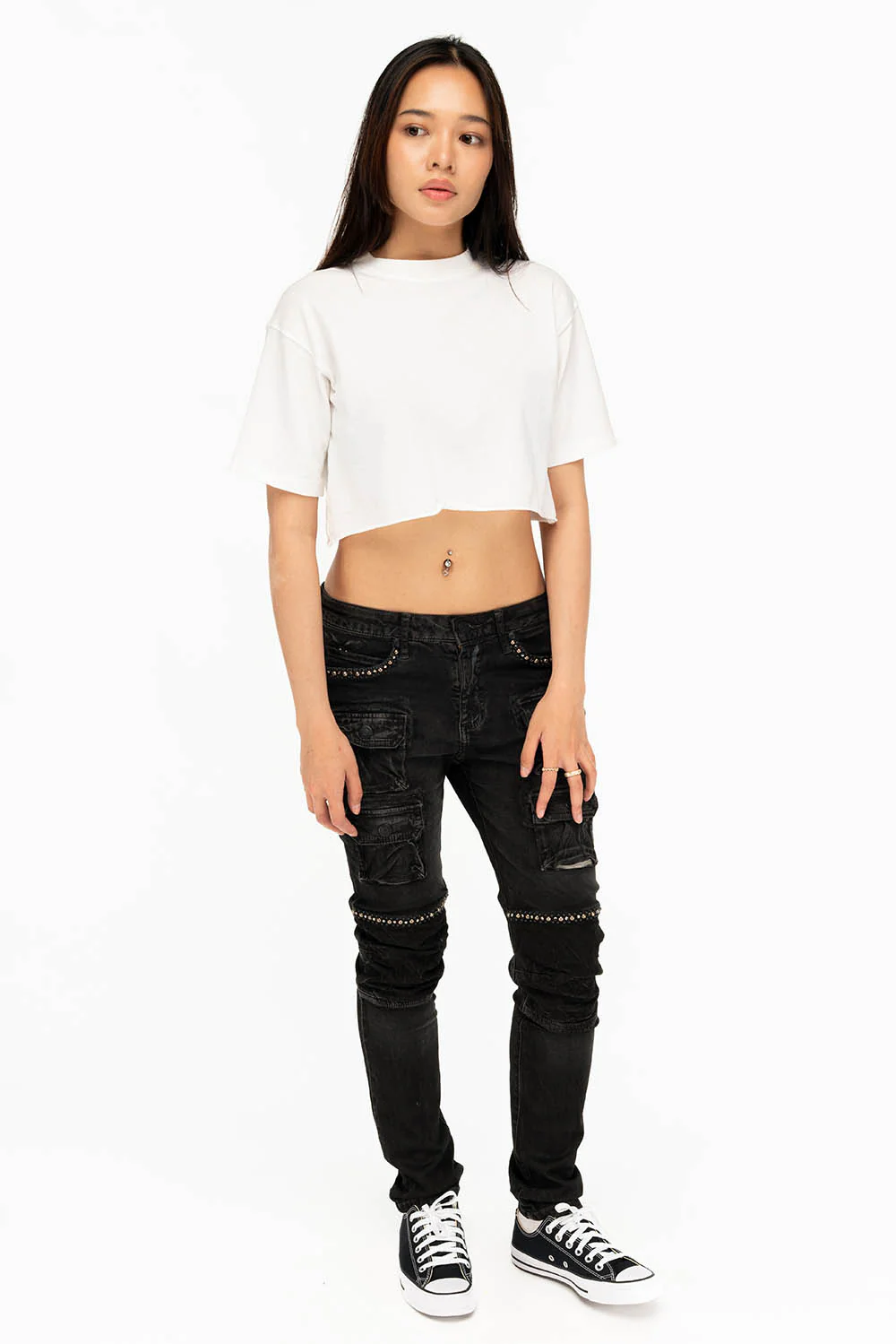 ROBIN'S WOMEN'S SKINNY UTILITARIAN JEANS IN LA BLACK WITH STUDS AND CRYSTALS - Image 5