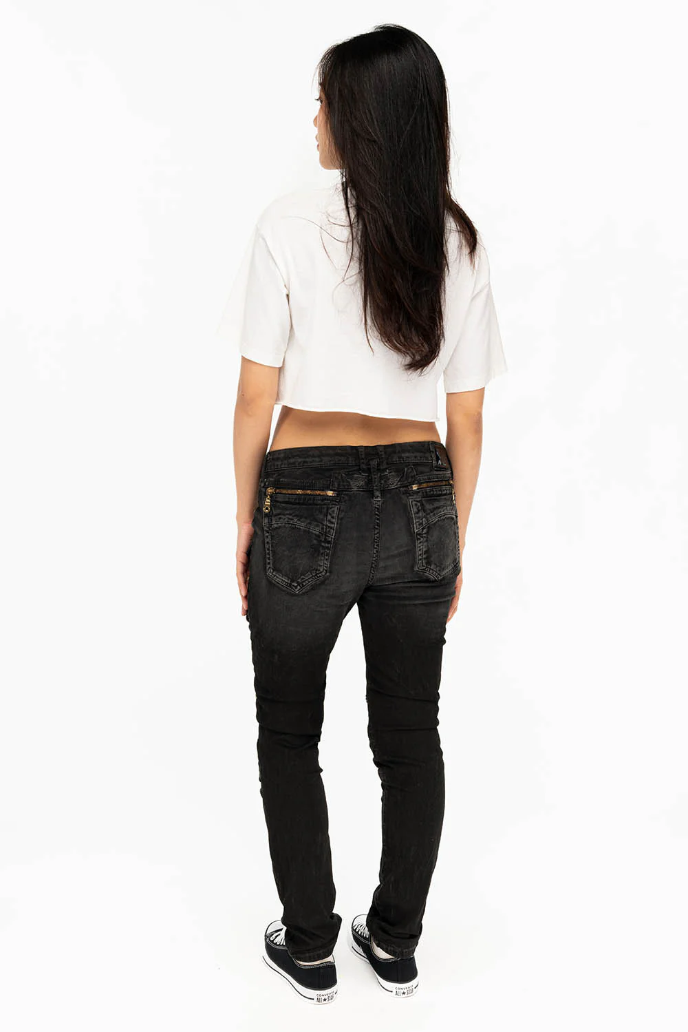 ROBIN'S WOMEN'S SKINNY UTILITARIAN JEANS IN LA BLACK WITH STUDS AND CRYSTALS - Image 6