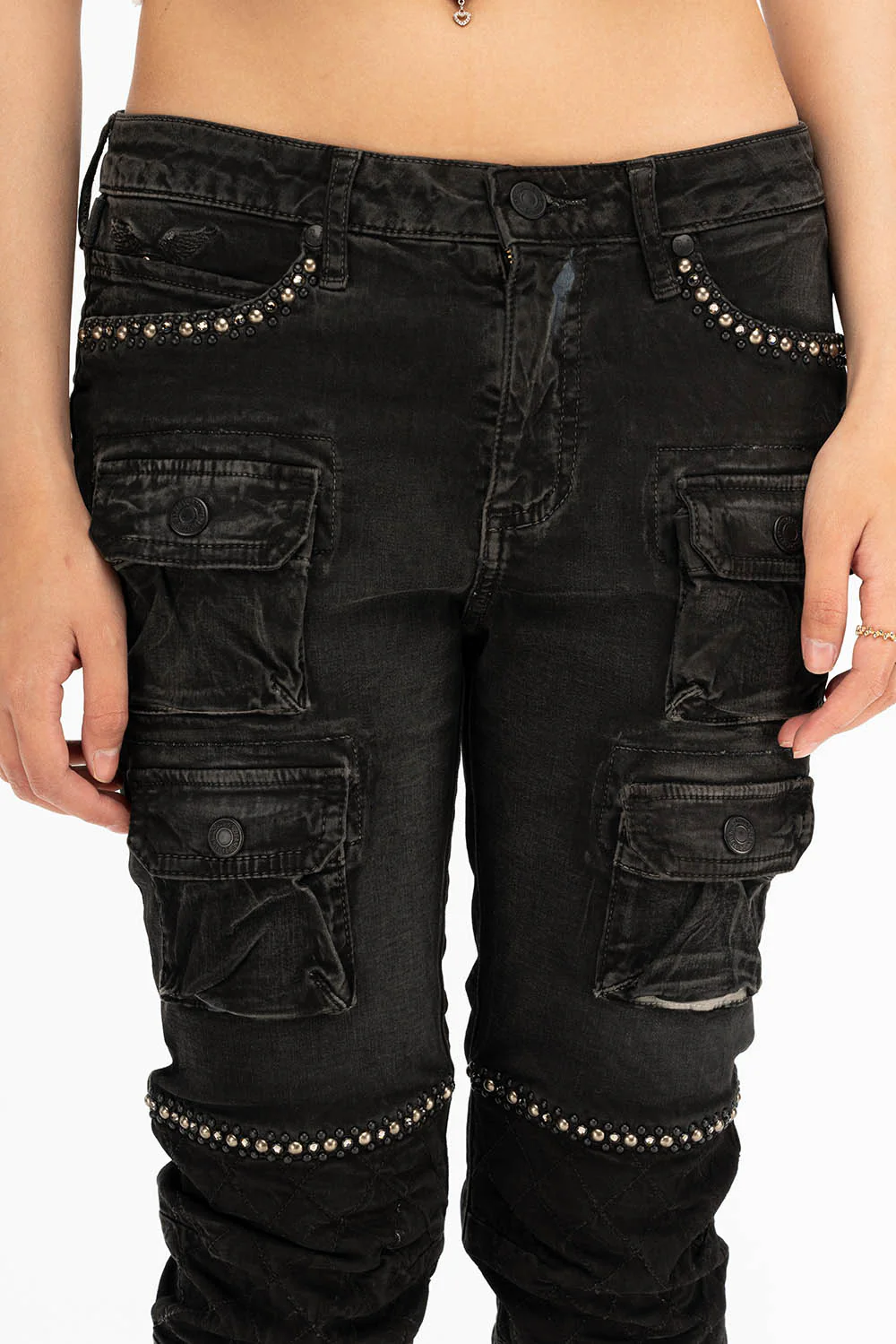 ROBIN'S WOMEN'S SKINNY UTILITARIAN JEANS IN LA BLACK WITH STUDS AND CRYSTALS - Image 7