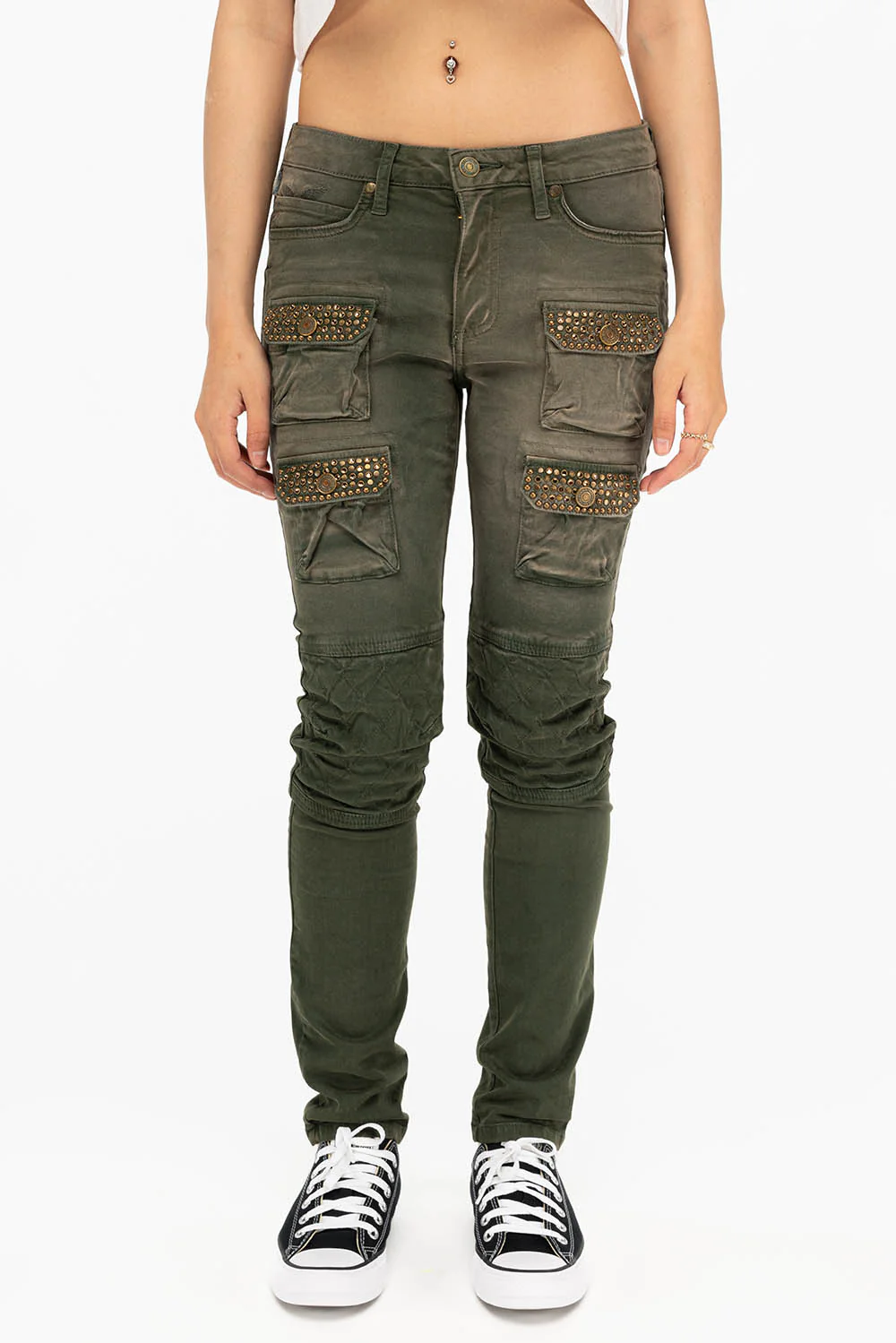 ROBIN'S WOMEN'S SKINNY UTILITARIAN JEANS IN SULFUR GREEN ARMY WITH STUDS AND CRYSTALS