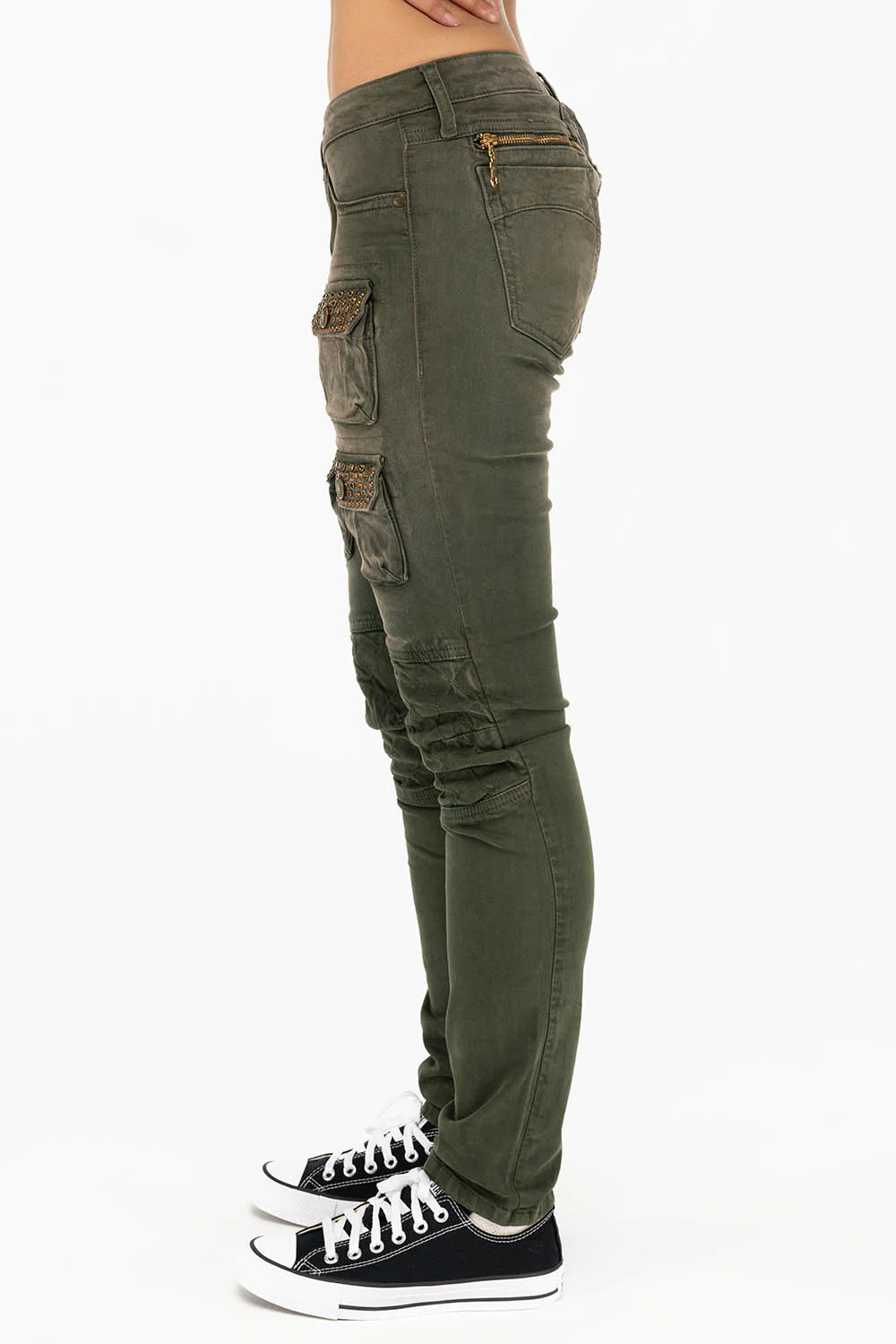 ROBIN'S WOMEN'S SKINNY UTILITARIAN JEANS IN SULFUR GREEN ARMY WITH STUDS AND CRYSTALS - Image 2