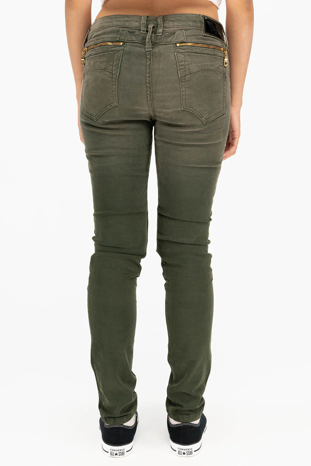 ROBIN'S WOMEN'S SKINNY UTILITARIAN JEANS IN SULFUR GREEN ARMY WITH STUDS AND CRYSTALS - Image 3