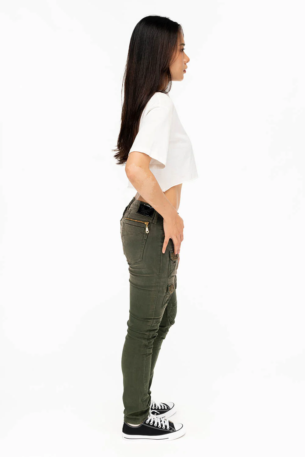 ROBIN'S WOMEN'S SKINNY UTILITARIAN JEANS IN SULFUR GREEN ARMY WITH STUDS AND CRYSTALS - Image 4